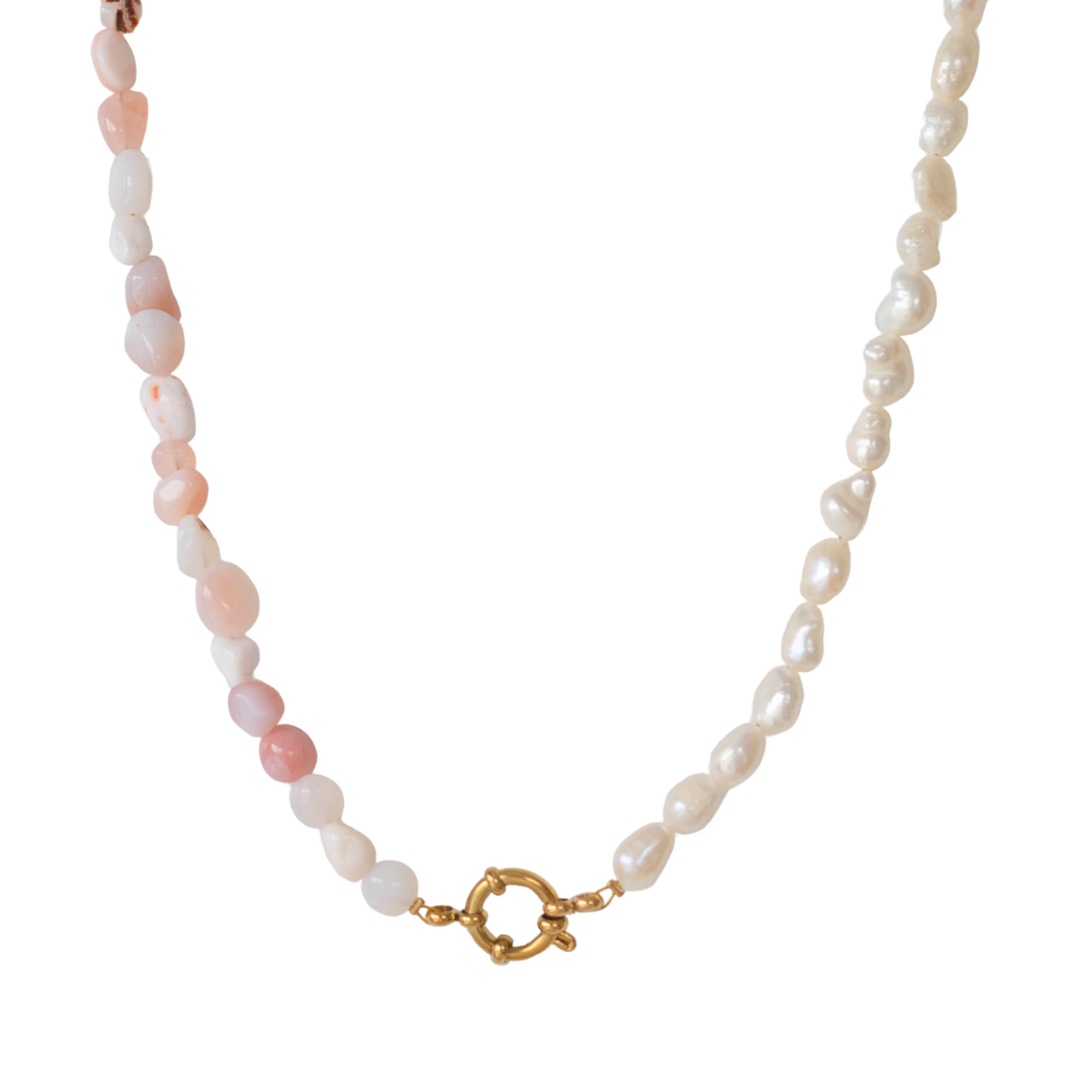 Collier Perles Et Pierres Roses